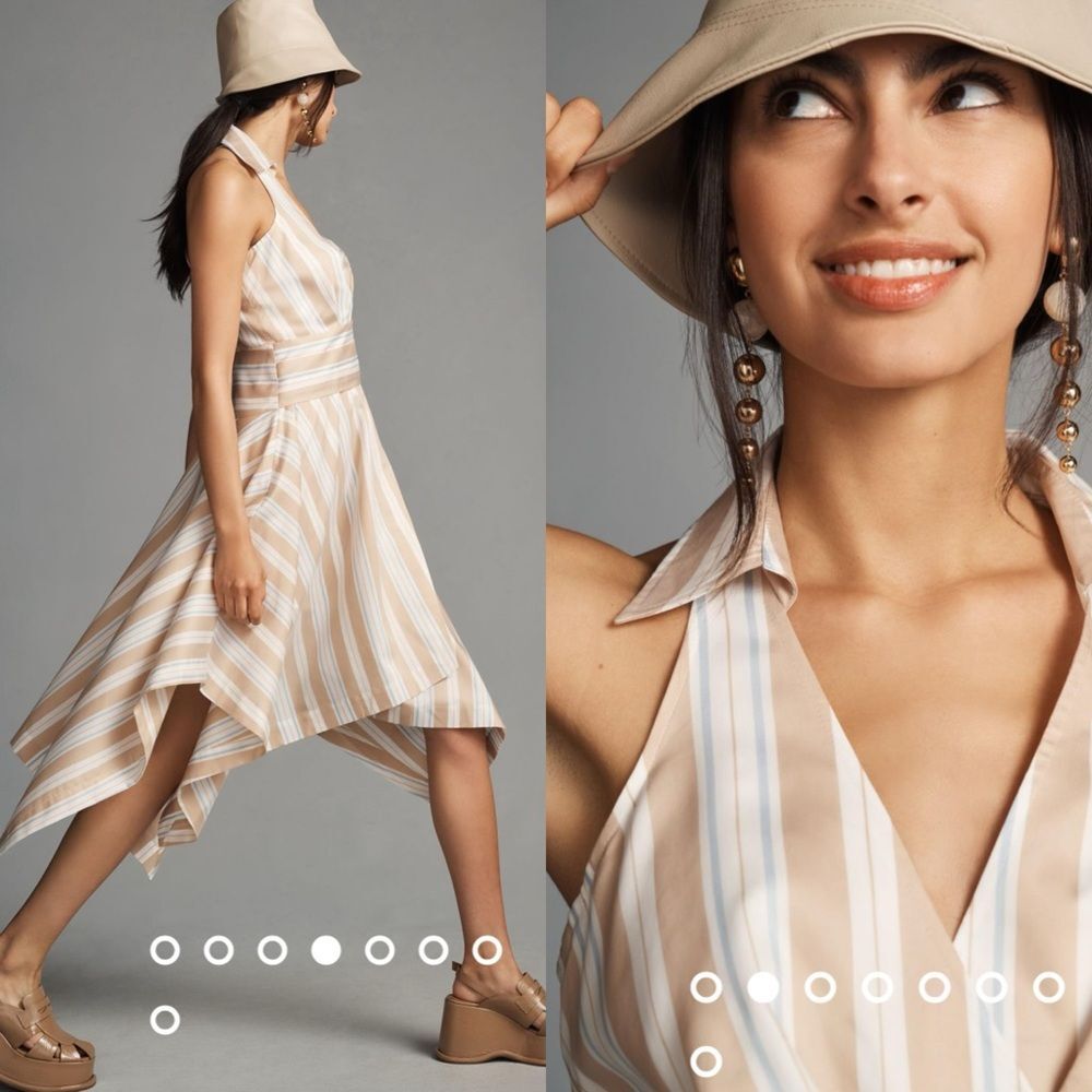 New Anthropologie Maeve Stripe Collar Shirt Asymmetrical Dress Neutral White